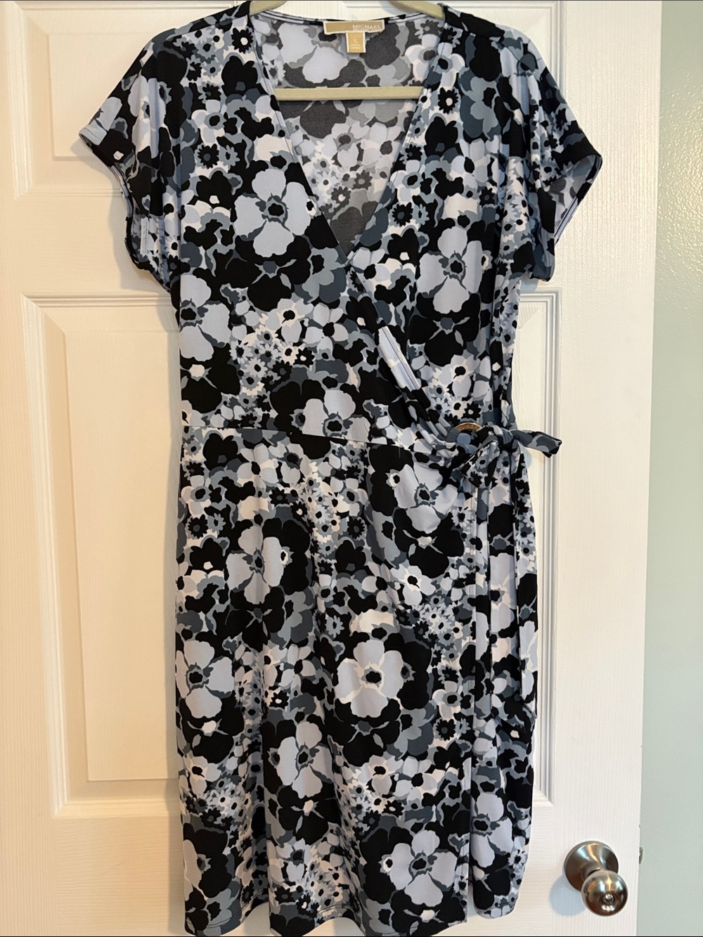 Michael Kors Black, Gray & White Floral Wrap Midi Dress